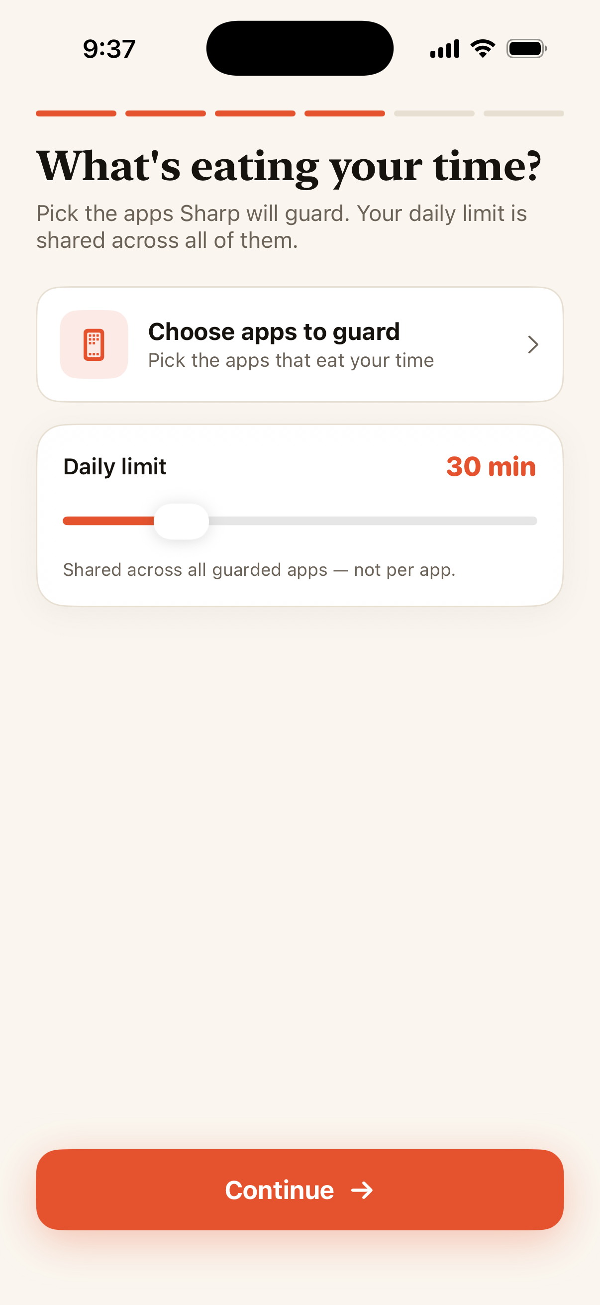 Sharp setup — choose apps to guard and set a daily limit